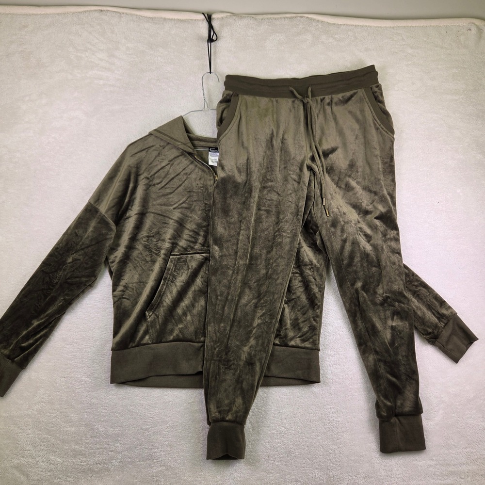 Felina Womens Olive Green Velour Hoodie and Jogger Lounge Set C7589 Size L